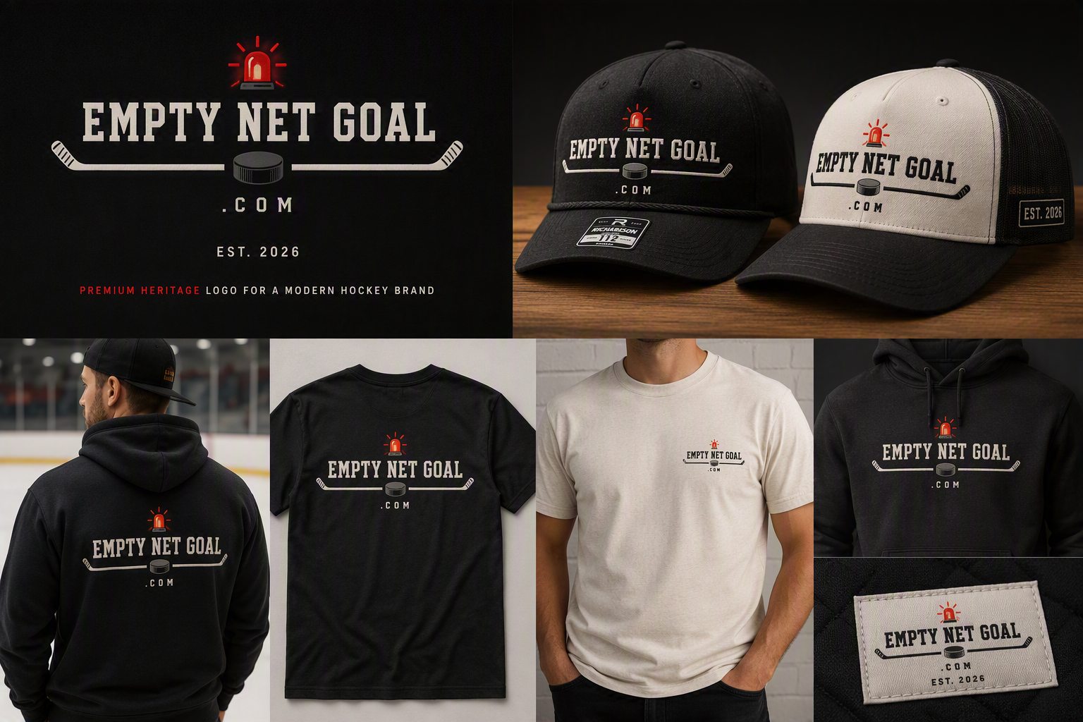 Empty Net Goal premium merch lookbook with hats, shirts, hoodies, and woven label concepts