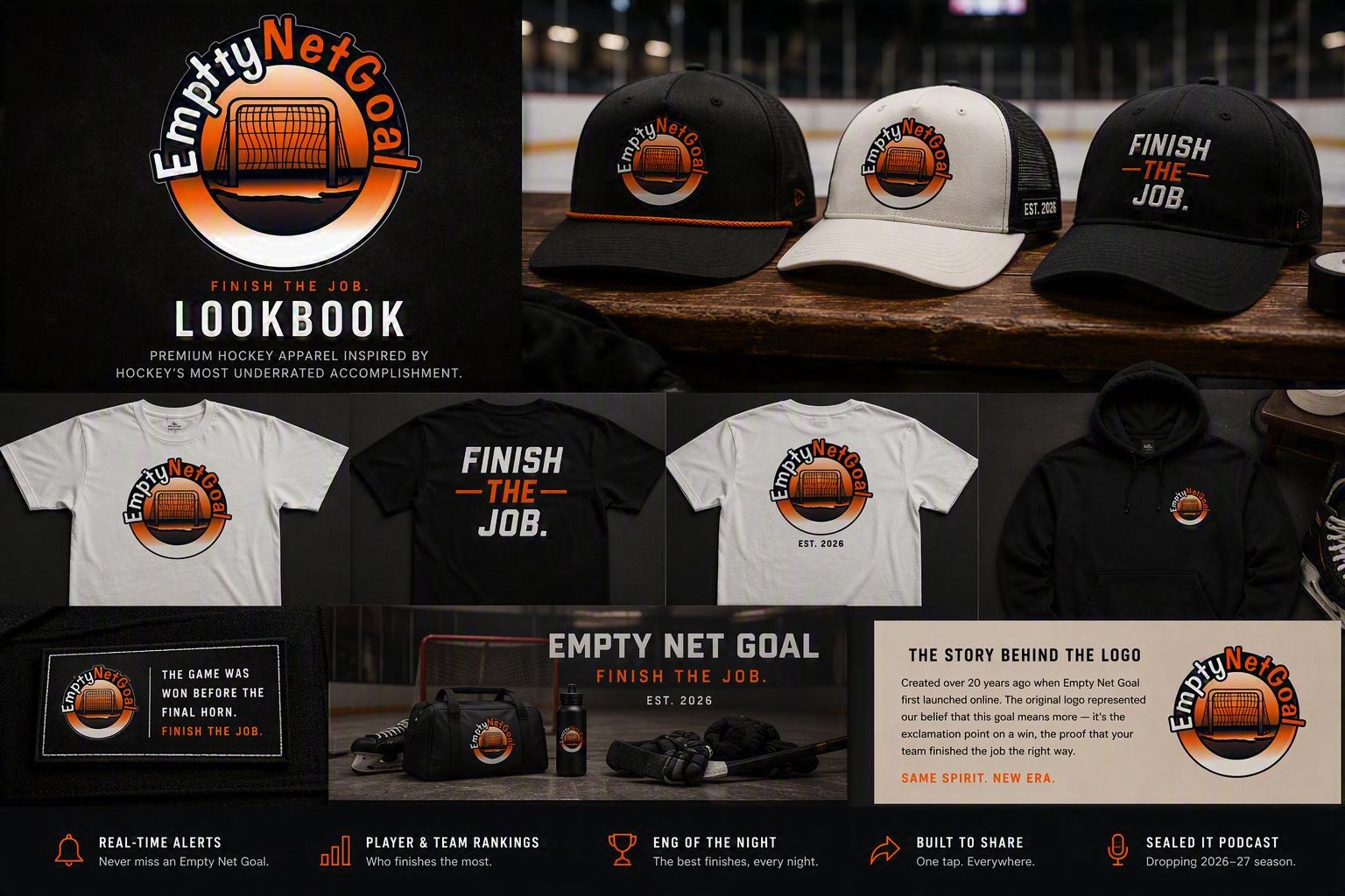 Empty Net Goal premium merch lookbook with hats, shirts, hoodies, and woven label concepts